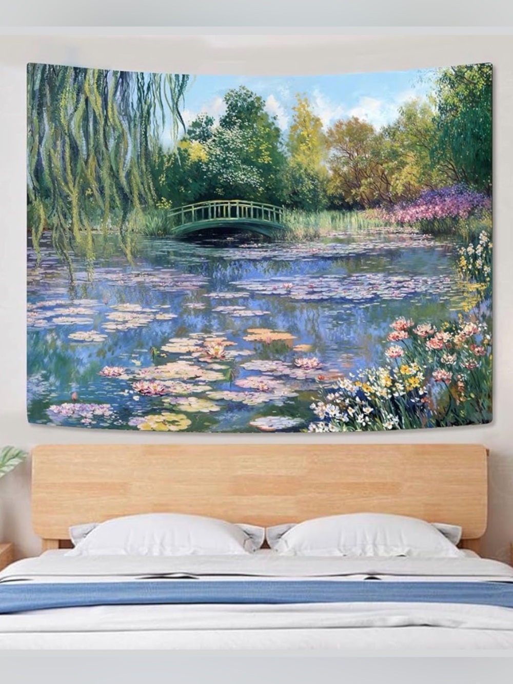 Tranquil Bridge Water Lily Tapestry - Blue & Green